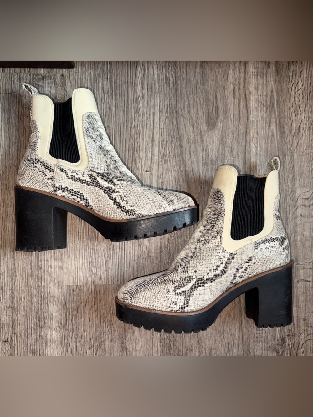 Chinese Laundry Cream Snake-Print Chelsea Booties with Black Heel